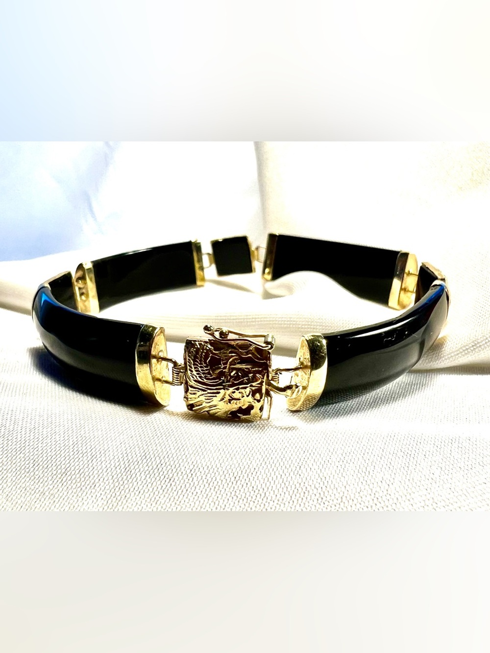 Rare Vintage Chinese 14k Gold Black Onyx link Bracelet w/Dragon head motif.